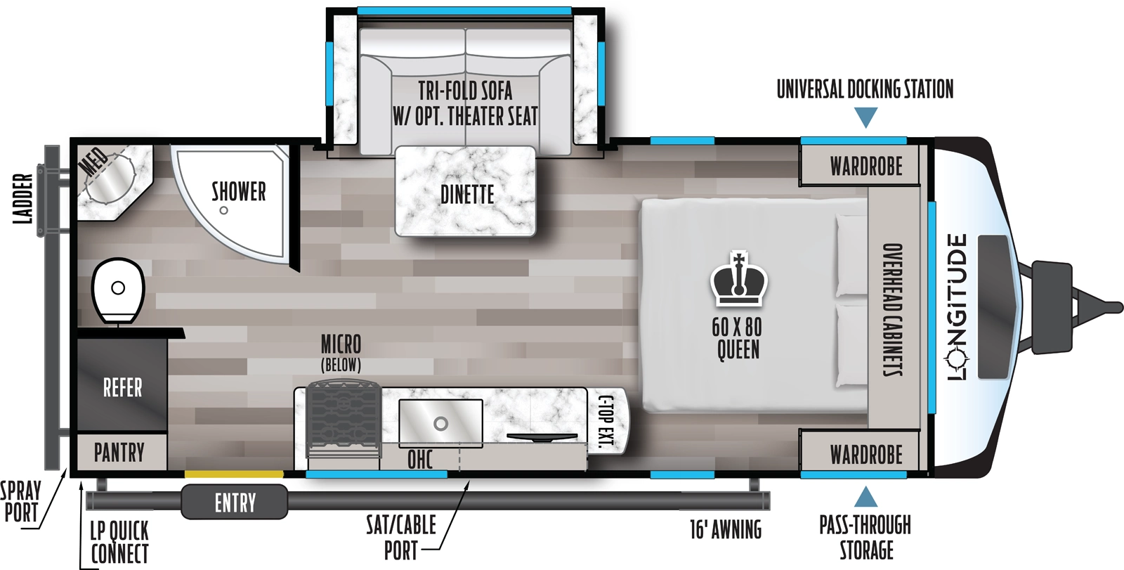 The 185RB has one slideout and one entry. Exterior features pass-thru storage, universal docking station, 16 foot awning, satellite/cable port, LP quick connect, rear spray port, and rear ladder. Interior layout front to back: foot-facing queen bed with overhead cabinets and wardrobes on each side; off-door side slideout with tri-fold sofa dinette with optional theater seat; door side countertop with extension, tv, sink, overhead cabinet, cooktop, air fryer below, and entry; rear off-door side full bathroom with medicine cabinet; rear door side pantry and refrigerator.